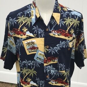 Casual Blue Red and Yellow Button Down Shirt with Tropical Woody Wagon Print XL